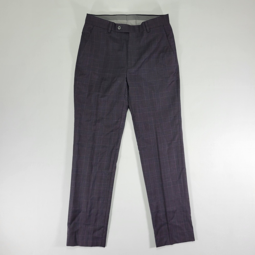 Calvin Klein Men's Dress Pant Trousers Purple Plaid Poly Blend‎ x SLIM 30x30 NEW